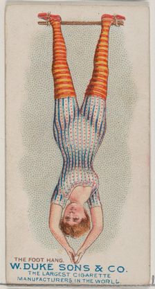 The Foot Hang, from the Gymnastic Exercises series (N77) for Duke brand cigarettes, 1887., 1887. Creator: Unknown