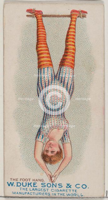 The Foot Hang, from the Gymnastic Exercises series (N77) for Duke brand cigarettes, 1887., 1887. Creator: Unknown.