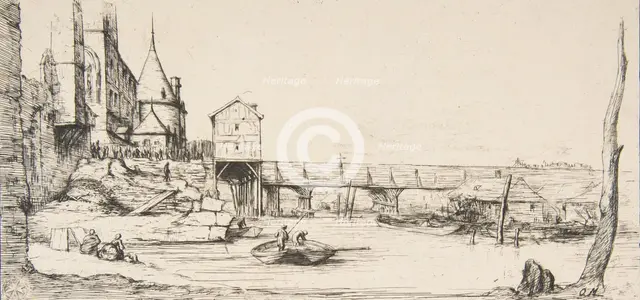 The footbridge temporarily replacing the Pont-au-Change, Paris, after the fire of 1621, af..., 1860. Creator: Charles Meryon.