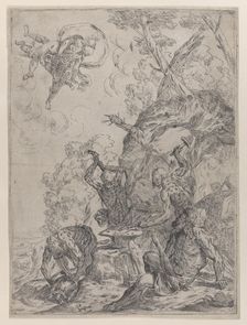 The forge of Vulcan with smiths striking an anvil with hammers..., 1640-59. Creator: Giovanni Pietro Possenti