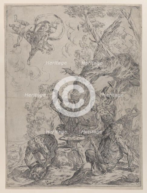 The forge of Vulcan with smiths striking an anvil with hammers..., 1640-59. Creator: Giovanni Pietro Possenti.