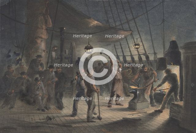 The Forge on Deck, Night of August 9th: Preparing the Iron Plating for Capstan, 1865-66. Creator: Robert Charles Dudley.