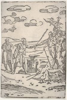 The forger standing by an anvil pulling a man in chains, from the series The var..., ca. 1540-1550. Creator: Domenico Beccafumi