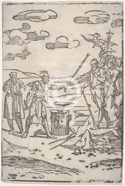 The forger standing by an anvil pulling a man in chains, from the series 'The var..., ca. 1540-1550. Creator: Domenico Beccafumi.