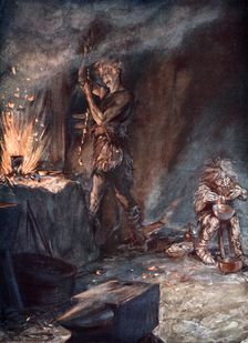 The forging of Nothung 1924. Creator: Arthur Rackham
