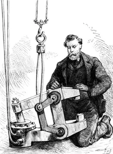 The Forth Bridge: hydraulic riveting machine...[used] by the Prince of Wales, 1890. Creator: P Naumann