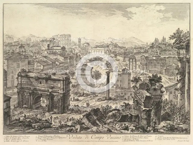 The Forum Romanum, or Campo Vaccino, from the Capitol, with the Arch of Septimius in t..., ca. 1775. Creator: Giovanni Battista Piranesi.