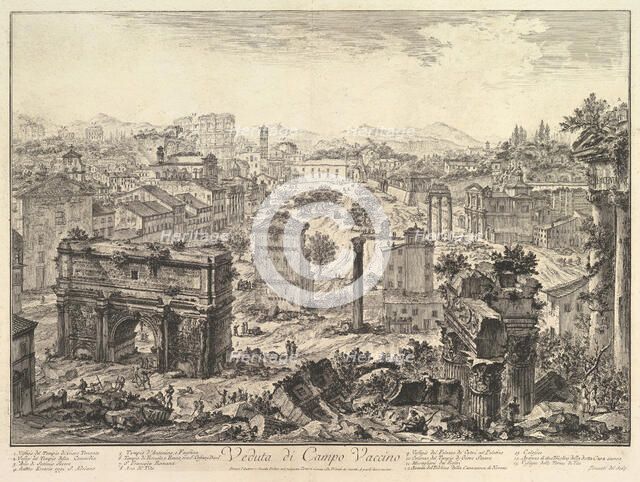 The Forum Romanum, or Campo Vaccino, from the Capitol, with the Arch of Septimius in t..., ca. 1775. Creator: Giovanni Battista Piranesi.