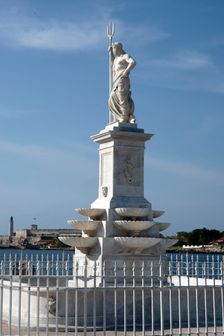 The Fountain of Neptune on the famous Malecon, or seafront promenade, Havana, Cuba, 2024. Creator: Ethel Davies