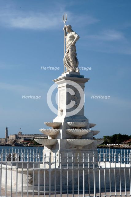 The Fountain of Neptune on the famous Malecon, or seafront promenade, Havana, Cuba, 2024. Creator: Ethel Davies.
