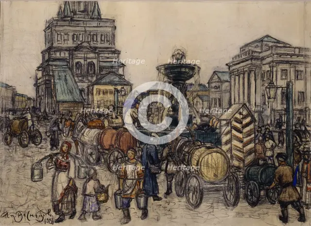 The Fountain on the Sukharevskaya Square in the 19th century, 1921. Artist: Vasnetsov, Appolinari Mikhaylovich (1856-1933)
