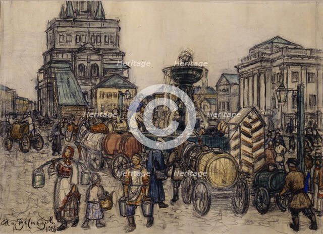 The Fountain on the Sukharevskaya Square in the 19th century, 1921. Artist: Vasnetsov, Appolinari Mikhaylovich (1856-1933)