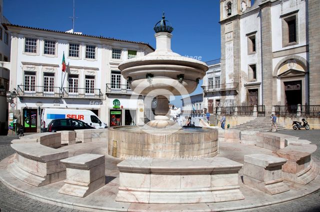 The fountain in the square near the Cathedral of Evora, Portugal, 2009. Creator: Samuel Magal.