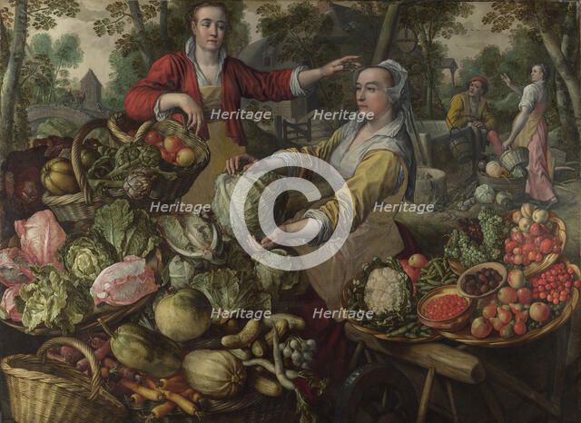 The Four Elements: Earth. A Fruit and Vegetable Market with the Flight into Egypt in the Background, 1569. Artist: Beuckelaer, Joachim (ca. 1533-1574)