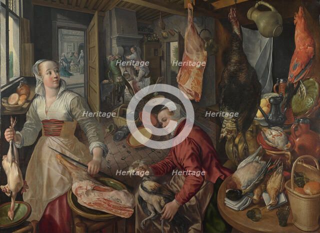 The Four Elements: Fire. A Kitchen Scene with Christ in the House of Martha and Mary in the Background, 1569. Artist: Beuckelaer, Joachim (ca. 1533-1574)