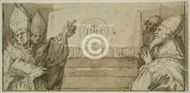 The four Latin church fathers in front of an altar. Creator: Abraham Bloemaert.