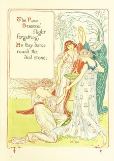 The Four Seasons flight forgetting, As they dance round the dial stone, 1899. Creator: Walter Crane