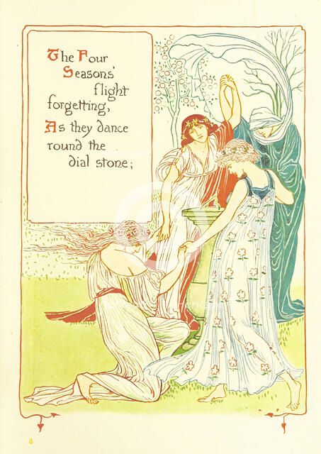 The Four Seasons' flight forgetting, As they dance round the dial stone, 1899.  Creator: Walter Crane.