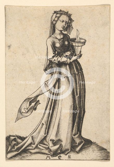 The Fourth Wise Virgin, from the series The Wise and Foolish Virgins, ca. 1435-1491. Creator: Martin Schongauer.