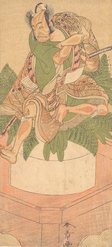The Fourth Ichikawa Danjuro as a Yakko (servant) seated upon a Large Cake of Mochi..., 1772. Creator: Shunsho