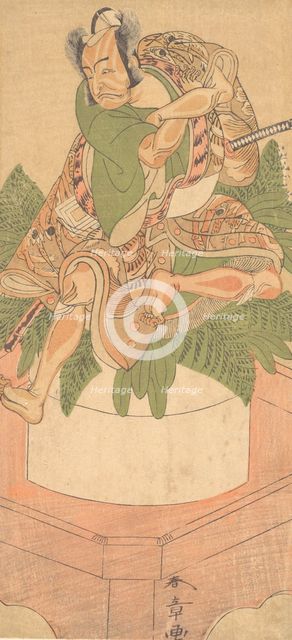 The Fourth Ichikawa Danjuro as a Yakko (servant) seated upon a Large Cake of Mochi..., 1772. Creator: Shunsho.