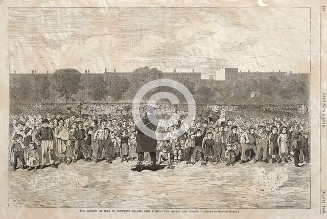 The Fourth of July in Tompkins Square, New York - "The Sogers Are Coming", 1868. Creator: Winslow Homer (American, 1836-1910).