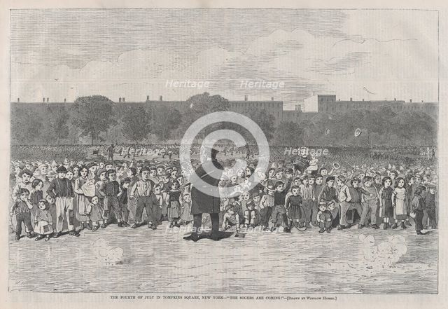 The Fourth of July in Tompkins Square, New York - "The Sogers Are Coming" (Harper..., July 11, 1868. Creator: Unknown.