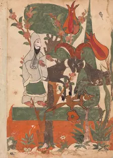 The Fox and the Battling Rams Observed by the Ascetic, Folio from a Kalila wa Dimna, 18th century. Creator: Unknown
