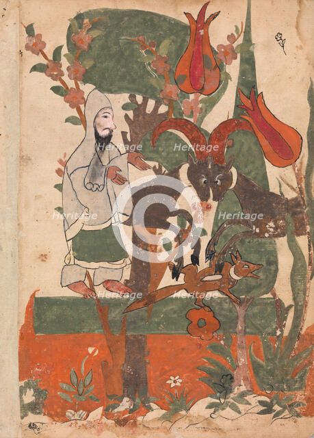 The Fox and the Battling Rams Observed by the Ascetic, Folio from a Kalila wa Dimna, 18th century. Creator: Unknown.