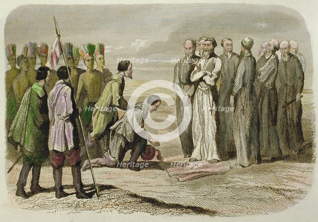 The Franciscan missionary Fray Martin de Valencia is received at the entrance of the city of Mexi…