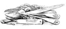 The Franklin Celebration: Franklin relics - cook's knife and its handle, spoons and fork, 1895. Creator: Carl Hentschel