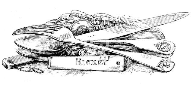 The Franklin Celebration: Franklin relics - cook's knife and its handle, spoons and fork, 1895. Creator: Carl Hentschel.