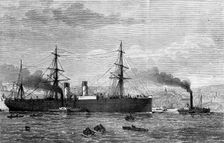 The French Transatlantic Company's steam-ship Amerique towed into Plymouth, 1874. Creator: Josiah Robert Wells