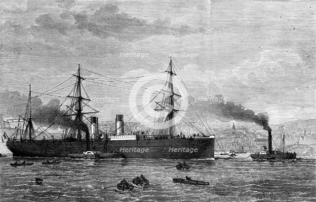 The French Transatlantic Company's steam-ship Amerique towed into Plymouth, 1874. Creator: Josiah Robert Wells.