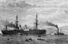 The French Transatlantic Company's steam-ship Amerique towed into Plymouth, 1874. Creator: Josiah Robert Wells