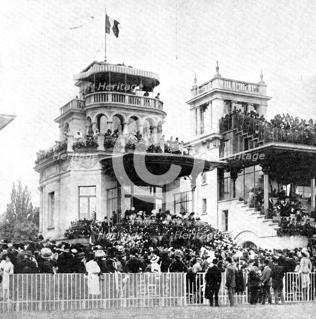 The French Derby: the grand stand at Longchamp on the day of the Grand Prix, 1909. Creator: Graphic Photo Union.