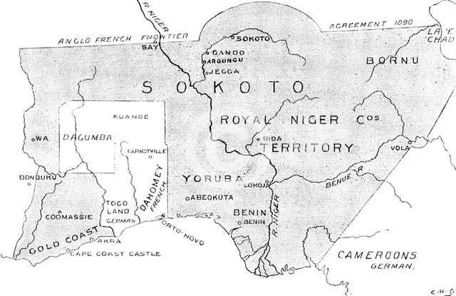 The French in West Africa: map with shaded portion denoting the sphere of British influence, 1898. Creator: Carl Hentschel.