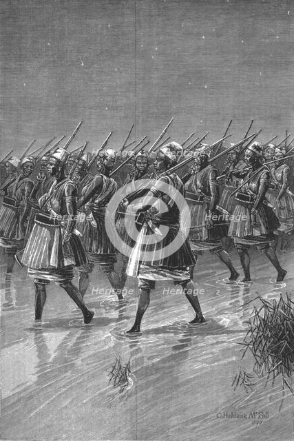 ''The French in Dahomey -- The King of Dahomey's Amazons crossing a swamp on the march', 1890. Creator: Unknown.