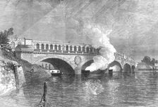 The French Siege of Paris: bridge at the Point du Jour, with gun-boats of the Commune, 1871. Creator: Unknown