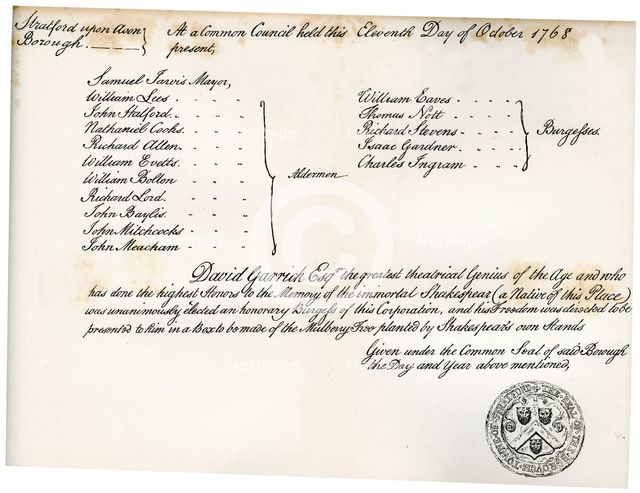 The Freedom of Stratford-upon-Avon, presented to David Garrick, 1768, (1840). Artist: Unknown