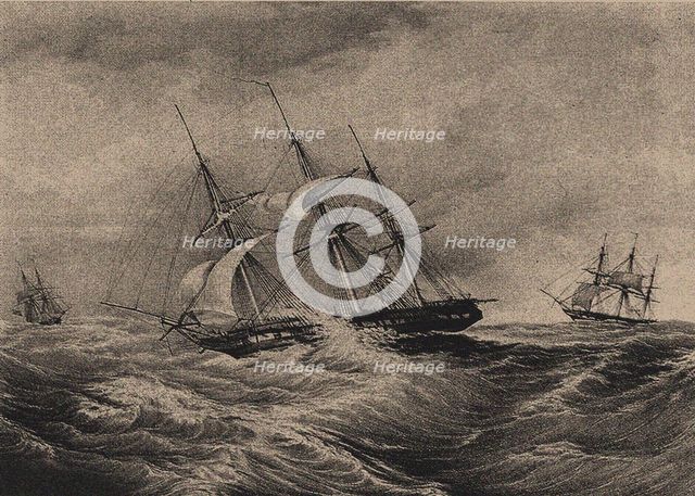 The frigate Kreiser and the sloop Ladoga at the coast of America 1823, 1900s-1910s. Artist: Anonymous  