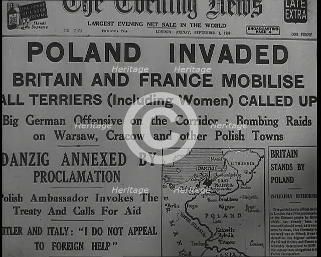 The Front Page of the Evening News on Friday September the First Reading 'POLAND..., 1939. Creator: British Pathe Ltd.