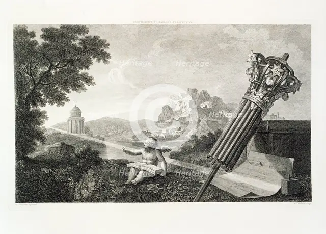 The frontispiece to Dr Brook Taylor's "Perspective of Architecture", 1760. Creator: William Woollett.