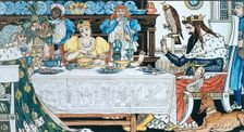 The Frog shares the Princess Meal - Illustration for The Frog Prince c1874. Creator: Walter Crane