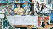 The Frog shares the Princess Meal - Illustration for The Frog Prince c1874. Creator: Walter Crane
