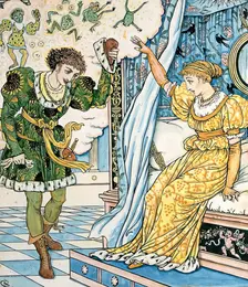 The Frog turns into a Prince - Illustration for The Frog Prince c1874. Creator: Walter Crane
