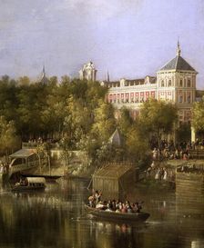The Guadalquivir 1851, detail, pier and San Telmo Palace in Seville, Manuel Barron Oil