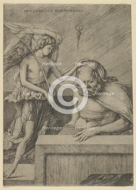 The Guardian Angel: an angel at left placing his hand on the head of a sleeping s..., ca. 1500-1503. Creator: Jacopo de' Barbari.