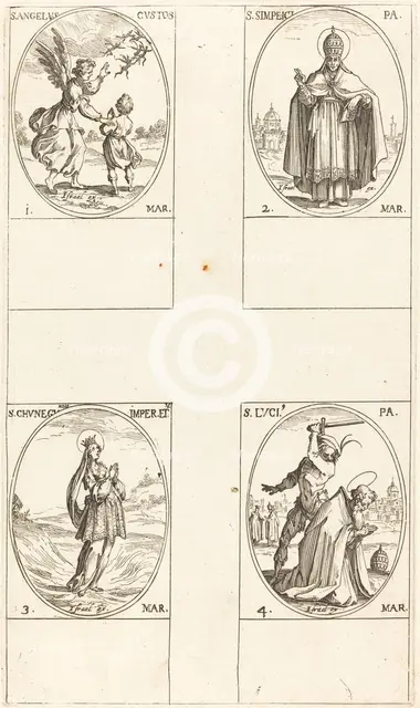 The Guardian Angel; St. Simplici; St. Cunegundes; St. Luci. Creator: Jacques Callot.