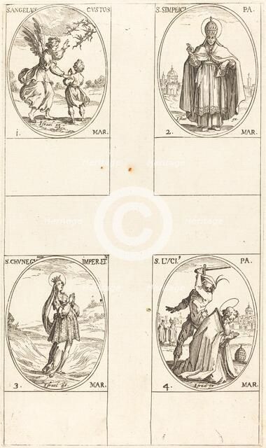 The Guardian Angel; St. Simplici; St. Cunegundes; St. Luci. Creator: Jacques Callot.